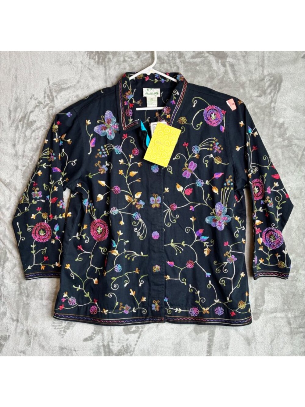 The Quacker Factory Womens Black Embroidered Floral Jacket 1X 100% Cotton Long S - Picture 2 of 8